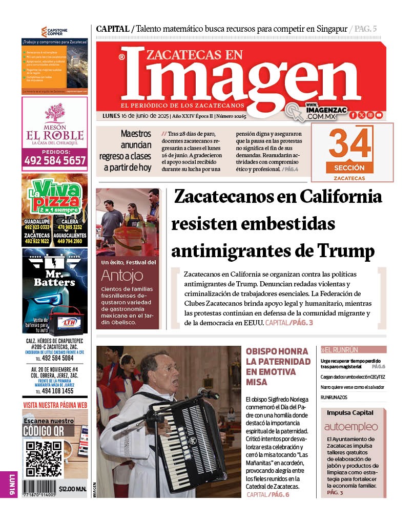 Imagen Zacatecas edición del 16 de junio de 2025