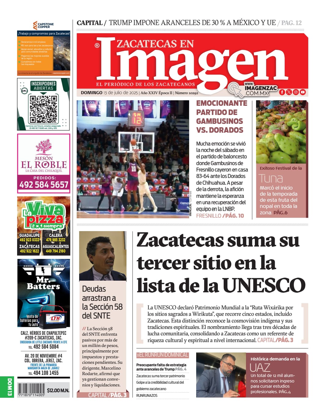 Imagen Zacatecas edición del 13 de julio de 2025